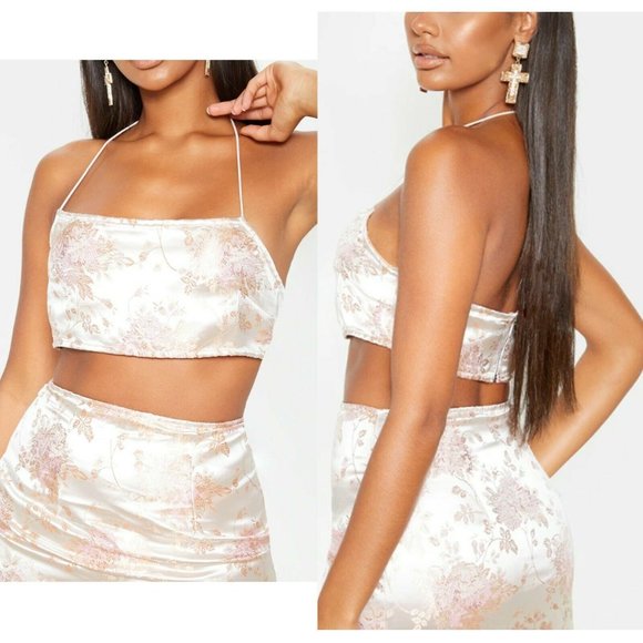 PRETTYLITTLETHING Pink Oriental Bralette 2 XS Club Party Halter Floral Open Back - Picture 1 of 11
